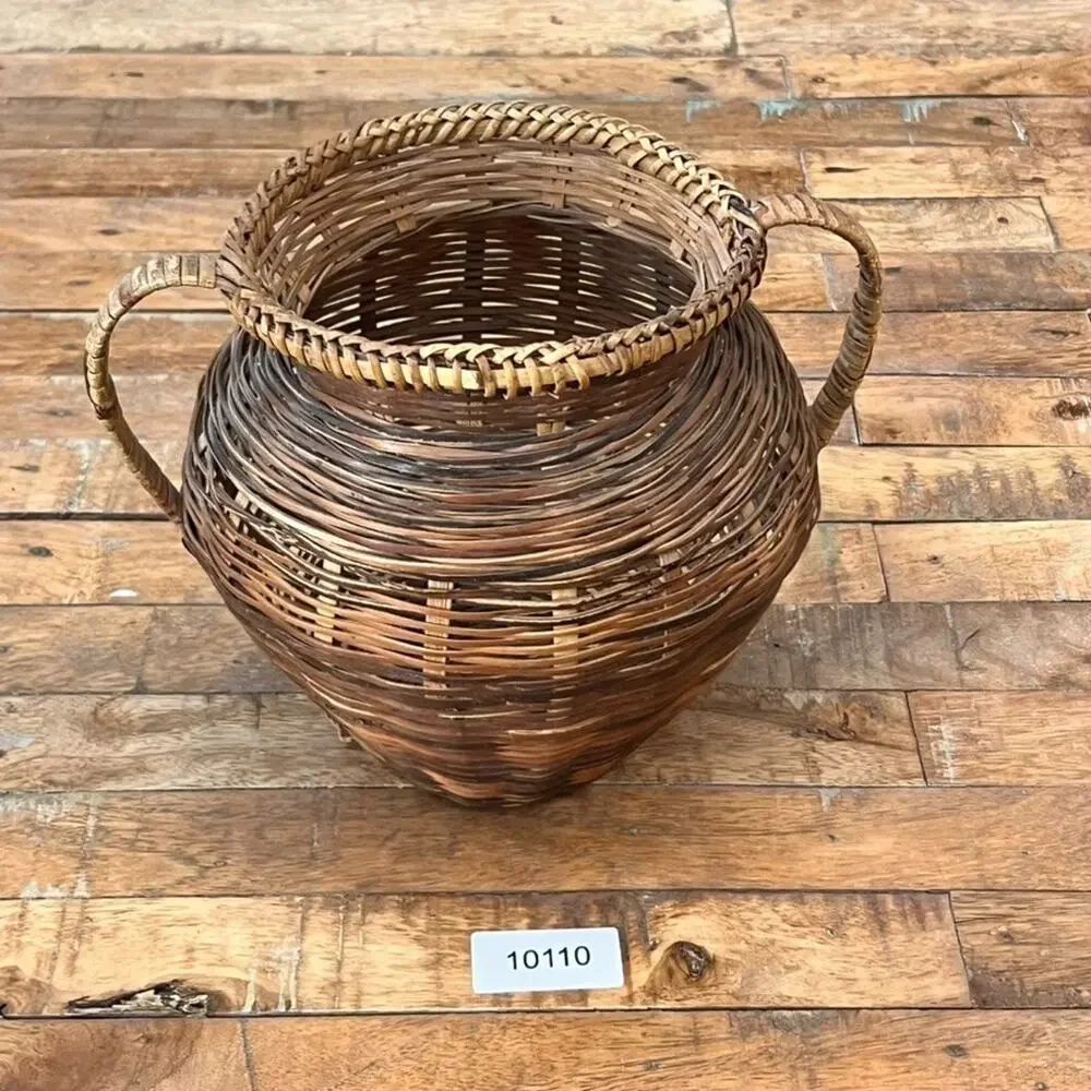 Vintage Two-Toned Brown Woven Rattan Basket with Handles 9